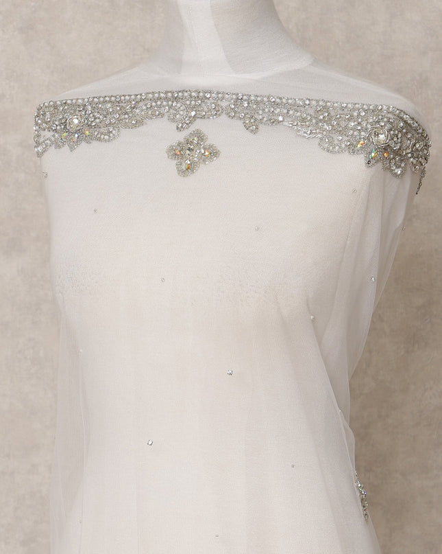 White Embroidered Nylon Tulle Fabric with Silver Crystal Floral Butis and Heavy Beaded Border Work, 140 cm Width, Made in India-D23501