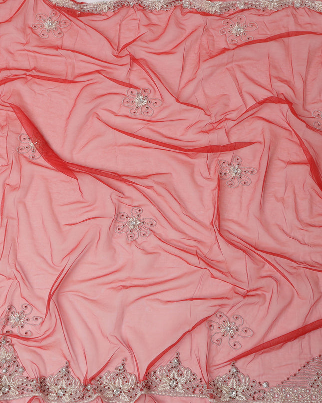 Cherry Red Embroidered Nylon Tulle Fabric with Silver Sequin Floral Butis and Ornate Beaded Border, 140 cm Width, Made in India-D23502