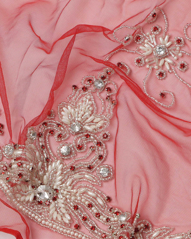 Cherry Red Embroidered Nylon Tulle Fabric with Silver Sequin Floral Butis and Ornate Beaded Border, 140 cm Width, Made in India-D23502