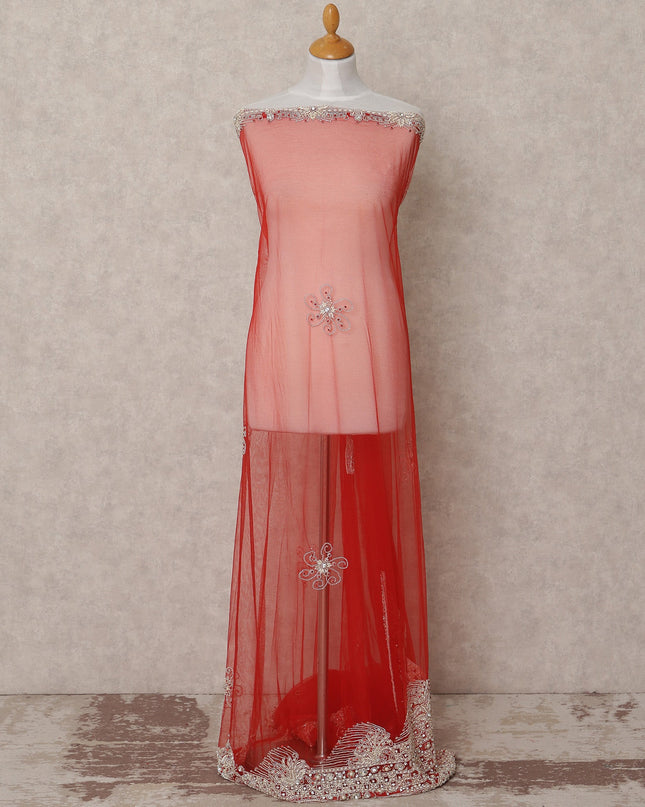 Cherry Red Embroidered Nylon Tulle Fabric with Silver Sequin Floral Butis and Ornate Beaded Border, 140 cm Width, Made in India-D23502