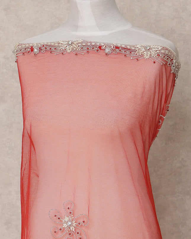 Cherry Red Embroidered Nylon Tulle Fabric with Silver Sequin Floral Butis and Ornate Beaded Border, 140 cm Width, Made in India-D23502