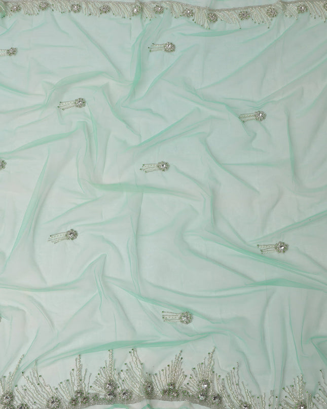 Aqua Green Embroidered Nylon Tulle Fabric with Crystal Tassel Butis and Silver Beaded Scalloped Border, 140 cm Width, Made in India-D23503
