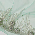 Aqua Green Embroidered Nylon Tulle Fabric with Crystal Tassel Butis and Silver Beaded Scalloped Border, 140 cm Width, Made in India-D23503