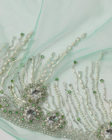 Aqua Green Embroidered Nylon Tulle Fabric with Crystal Tassel Butis and Silver Beaded Scalloped Border, 140 cm Width, Made in India-D23503