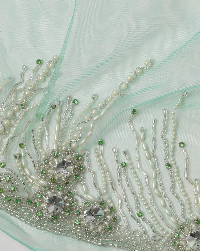 Aqua Green Embroidered Nylon Tulle Fabric with Crystal Tassel Butis and Silver Beaded Scalloped Border, 140 cm Width, Made in India-D23503