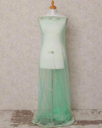 Aqua Green Embroidered Nylon Tulle Fabric with Crystal Tassel Butis and Silver Beaded Scalloped Border, 140 cm Width, Made in India-D23503
