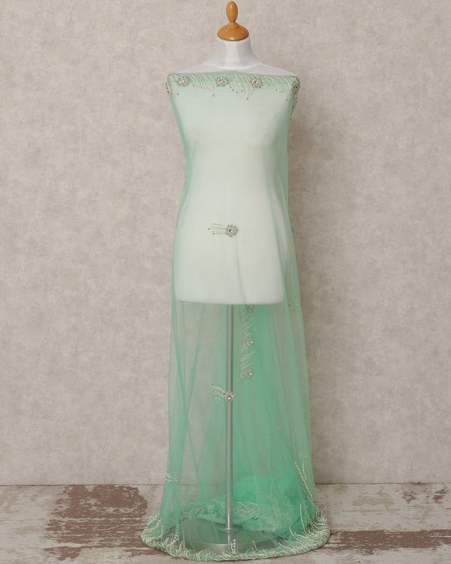 Aqua Green Embroidered Nylon Tulle Fabric with Crystal Tassel Butis and Silver Beaded Scalloped Border, 140 cm Width, Made in India-D23503