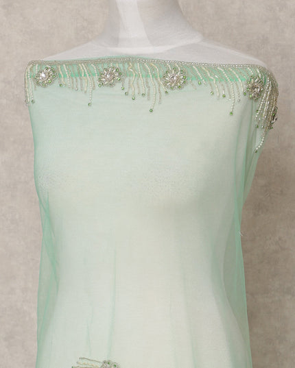 Aqua Green Embroidered Nylon Tulle Fabric with Crystal Tassel Butis and Silver Beaded Scalloped Border, 140 cm Width, Made in India-D23503