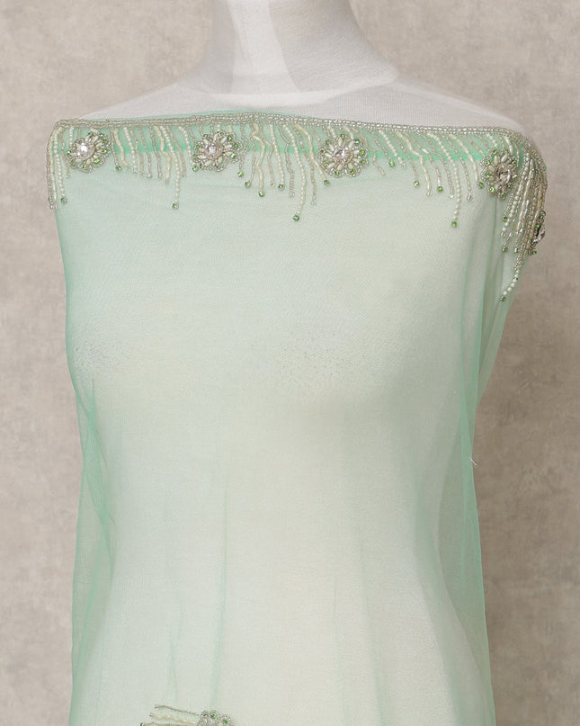 Aqua Green Embroidered Nylon Tulle Fabric with Crystal Tassel Butis and Silver Beaded Scalloped Border, 140 cm Width, Made in India-D23503