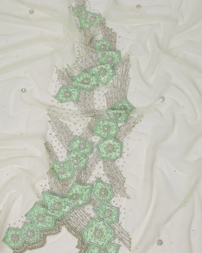 Ivory White Embroidered Nylon Tulle Fabric with Mint Geometric Floral Appliqué and Silver Beaded Zigzag Work, 140 cm Width, Made in India-D23504