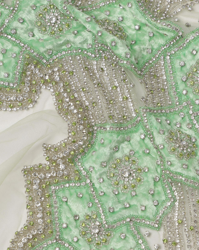 Ivory White Embroidered Nylon Tulle Fabric with Mint Geometric Floral Appliqué and Silver Beaded Zigzag Work, 140 cm Width, Made in India-D23504