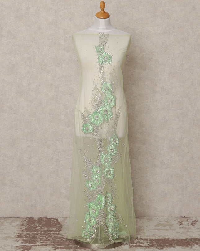 Ivory White Embroidered Nylon Tulle Fabric with Mint Geometric Floral Appliqué and Silver Beaded Zigzag Work, 140 cm Width, Made in India-D23504