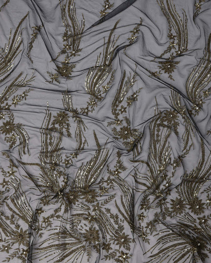 Slate Grey Embroidered Nylon Tulle Fabric with Antique Gold Sequin and Beaded Floral Spray Work, 140 cm Width, Made in India-D23505