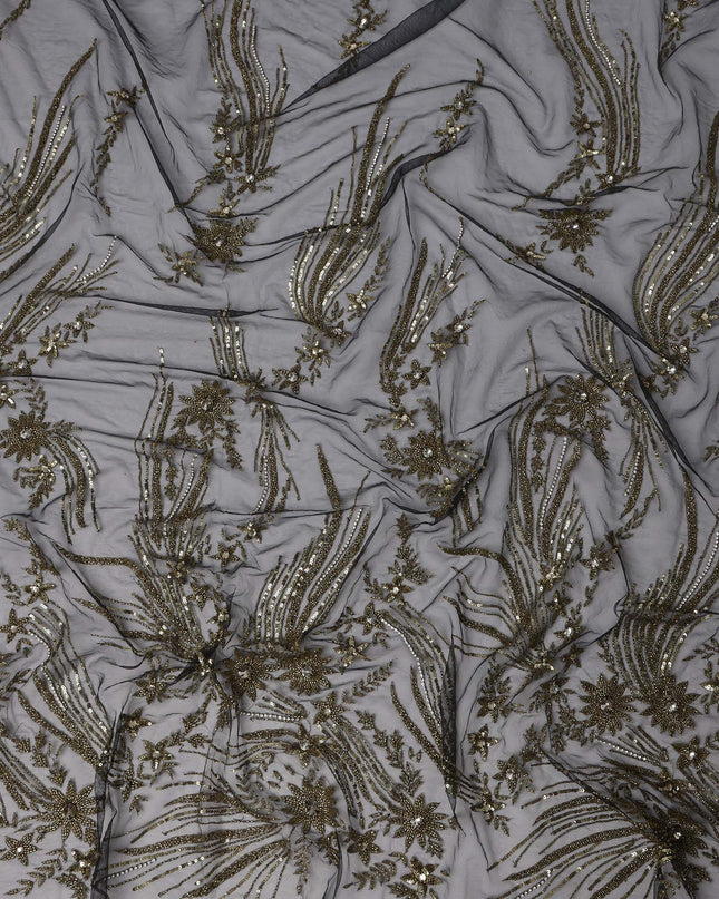 Slate Grey Embroidered Nylon Tulle Fabric with Antique Gold Sequin and Beaded Floral Spray Work, 140 cm Width, Made in India-D23505