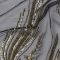 Slate Grey Embroidered Nylon Tulle Fabric with Antique Gold Sequin and Beaded Floral Spray Work, 140 cm Width, Made in India-D23505