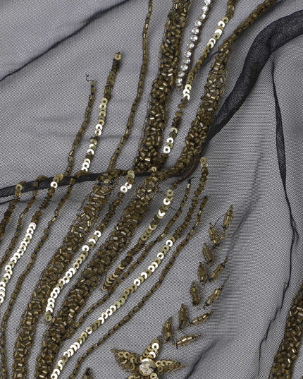 Slate Grey Embroidered Nylon Tulle Fabric with Antique Gold Sequin and Beaded Floral Spray Work, 140 cm Width, Made in India-D23505