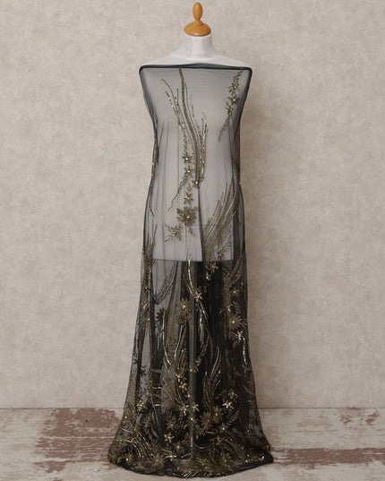 Slate Grey Embroidered Nylon Tulle Fabric with Antique Gold Sequin and Beaded Floral Spray Work, 140 cm Width, Made in India-D23505