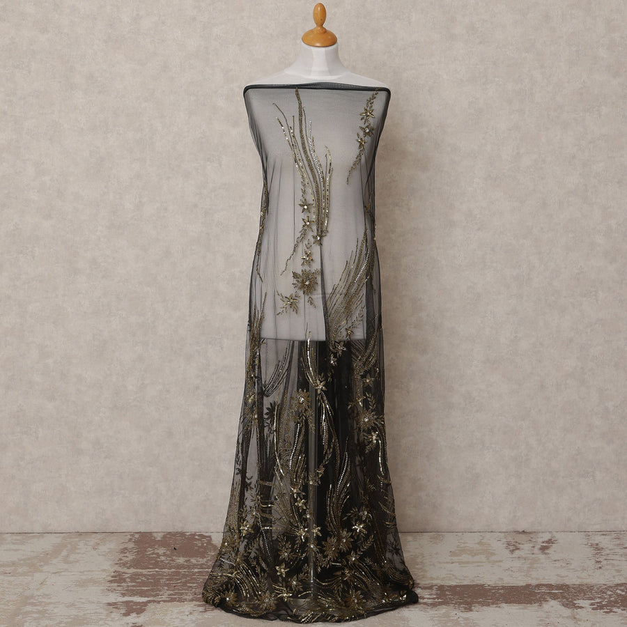 Slate Grey Embroidered Nylon Tulle Fabric with Antique Gold Sequin and Beaded Floral Spray Work, 140 cm Width, Made in India-D23505