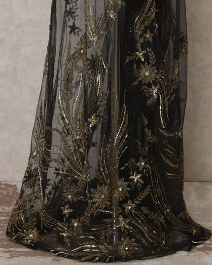 Slate Grey Embroidered Nylon Tulle Fabric with Antique Gold Sequin and Beaded Floral Spray Work, 140 cm Width, Made in India-D23505