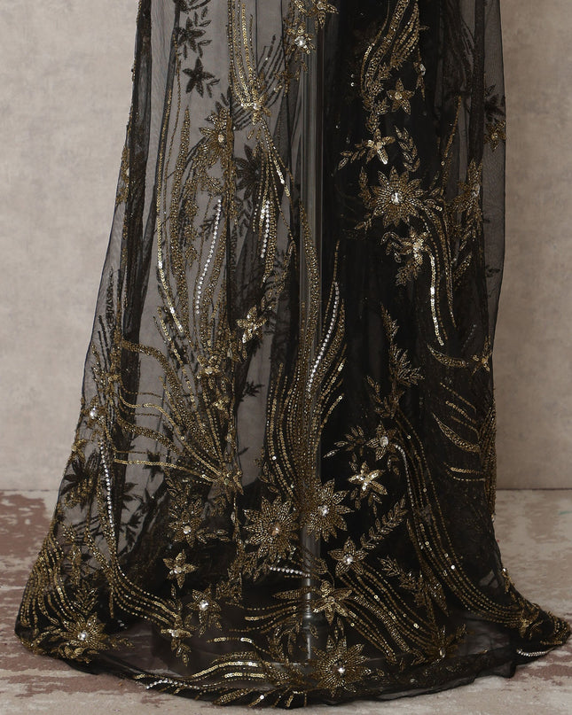 Slate Grey Embroidered Nylon Tulle Fabric with Antique Gold Sequin and Beaded Floral Spray Work, 140 cm Width, Made in India-D23505