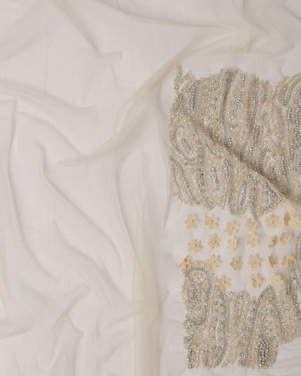 Ivory Net Fabric with Hand-Embroidered Crystal Beads, Pearls & 3D Floral Motifs – 140 cm Width-D23506