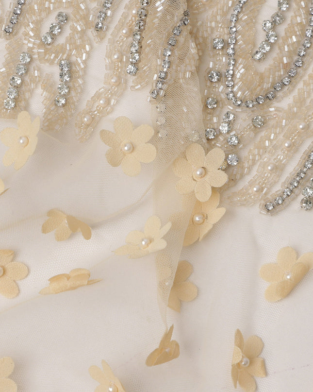 Ivory Net Fabric with Hand-Embroidered Crystal Beads, Pearls & 3D Floral Motifs – 140 cm Width-D23506