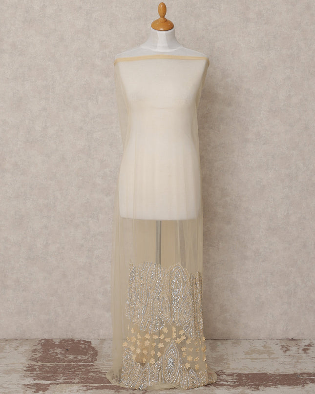 Ivory Net Fabric with Hand-Embroidered Crystal Beads, Pearls & 3D Floral Motifs – 140 cm Width-D23506