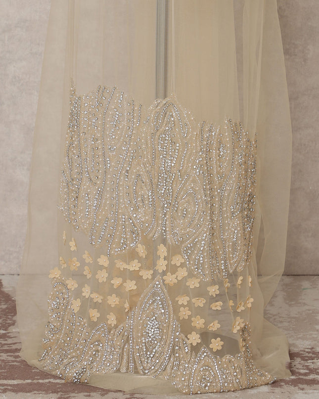 Ivory Net Fabric with Hand-Embroidered Crystal Beads, Pearls & 3D Floral Motifs – 140 cm Width-D23506