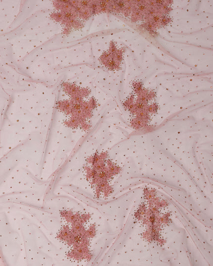 Blush Pink Net Fabric with Sequins & Floral Bead Embroidery – 140 cm Width-D23507