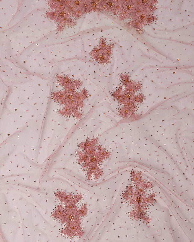 Blush Pink Net Fabric with Sequins & Floral Bead Embroidery – 140 cm Width-D23507