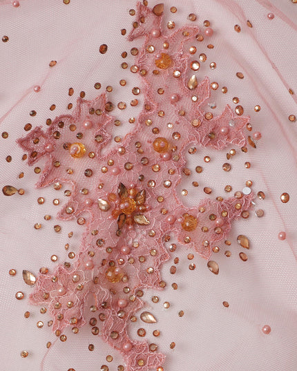 Blush Pink Net Fabric with Sequins & Floral Bead Embroidery – 140 cm Width-D23507