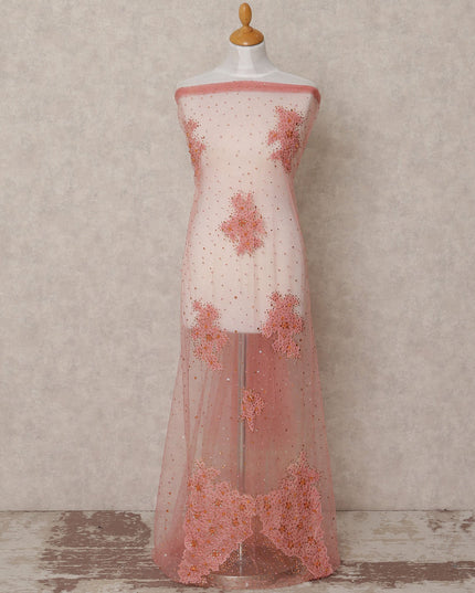 Blush Pink Net Fabric with Sequins & Floral Bead Embroidery – 140 cm Width-D23507