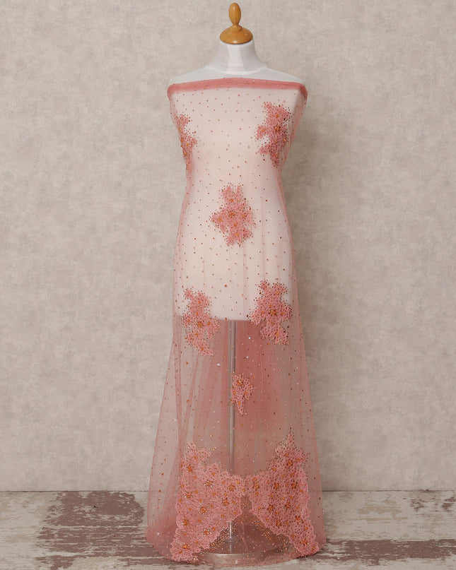 Blush Pink Net Fabric with Sequins & Floral Bead Embroidery – 140 cm Width-D23507