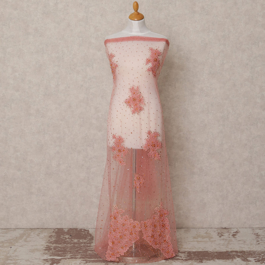 Blush Pink Net Fabric with Sequins & Floral Bead Embroidery – 140 cm Width-D23507