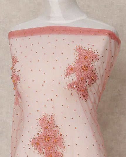 Blush Pink Net Fabric with Sequins & Floral Bead Embroidery – 140 cm Width-D23507