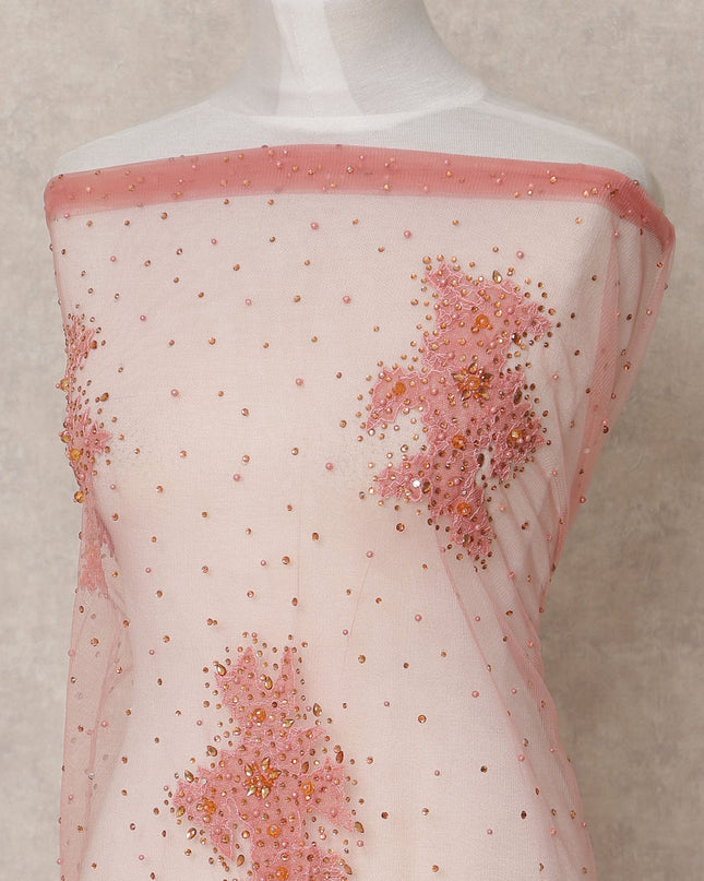 Blush Pink Net Fabric with Sequins & Floral Bead Embroidery – 140 cm Width-D23507