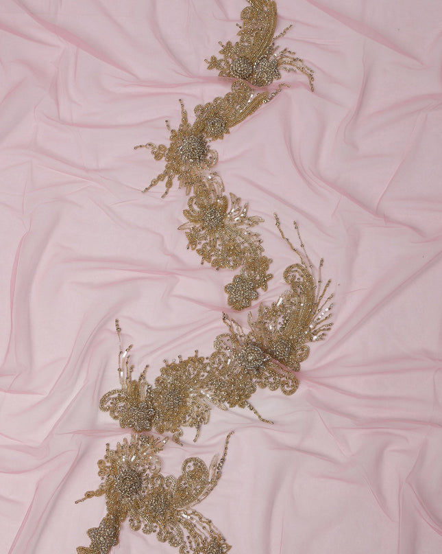 Blush Pink Net Fabric with Antique Gold Sequin & Bead Floral Work – 140 cm Width-D23508