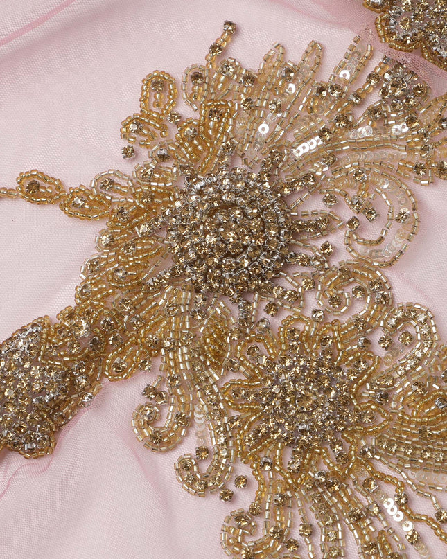 Blush Pink Net Fabric with Antique Gold Sequin & Bead Floral Work – 140 cm Width-D23508