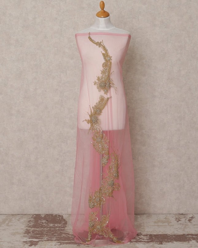 Blush Pink Net Fabric with Antique Gold Sequin & Bead Floral Work – 140 cm Width-D23508