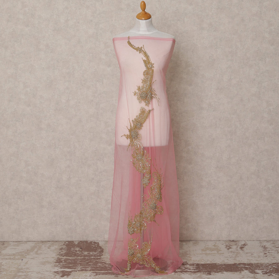 Blush Pink Net Fabric with Antique Gold Sequin & Bead Floral Work – 140 cm Width-D23508