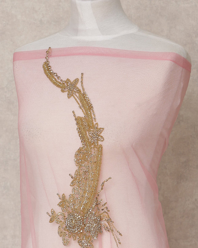 Blush Pink Net Fabric with Antique Gold Sequin & Bead Floral Work – 140 cm Width-D23508