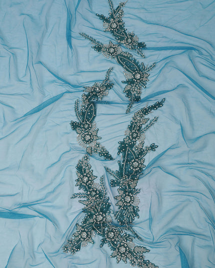 Sky Blue Net Fabric with Teal Floral Beaded Embroidery – 140 cm Width-D23509