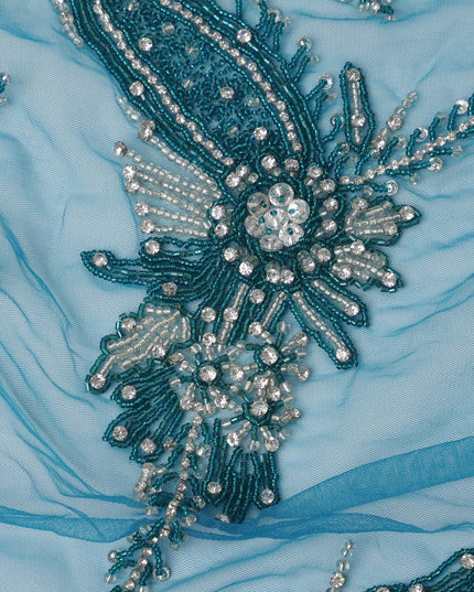 Sky Blue Net Fabric with Teal Floral Beaded Embroidery – 140 cm Width-D23509