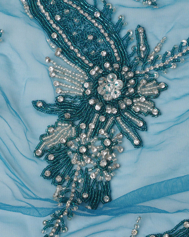 Sky Blue Net Fabric with Teal Floral Beaded Embroidery – 140 cm Width-D23509