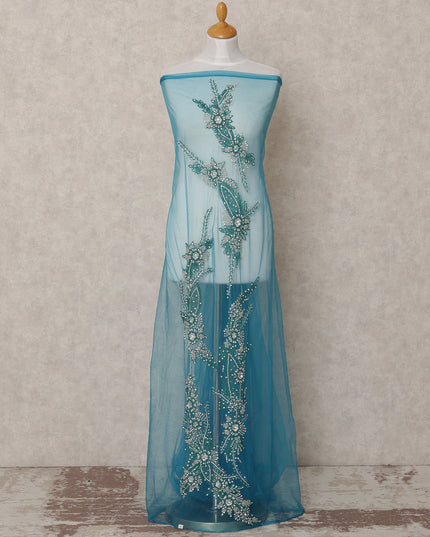 Sky Blue Net Fabric with Teal Floral Beaded Embroidery – 140 cm Width-D23509