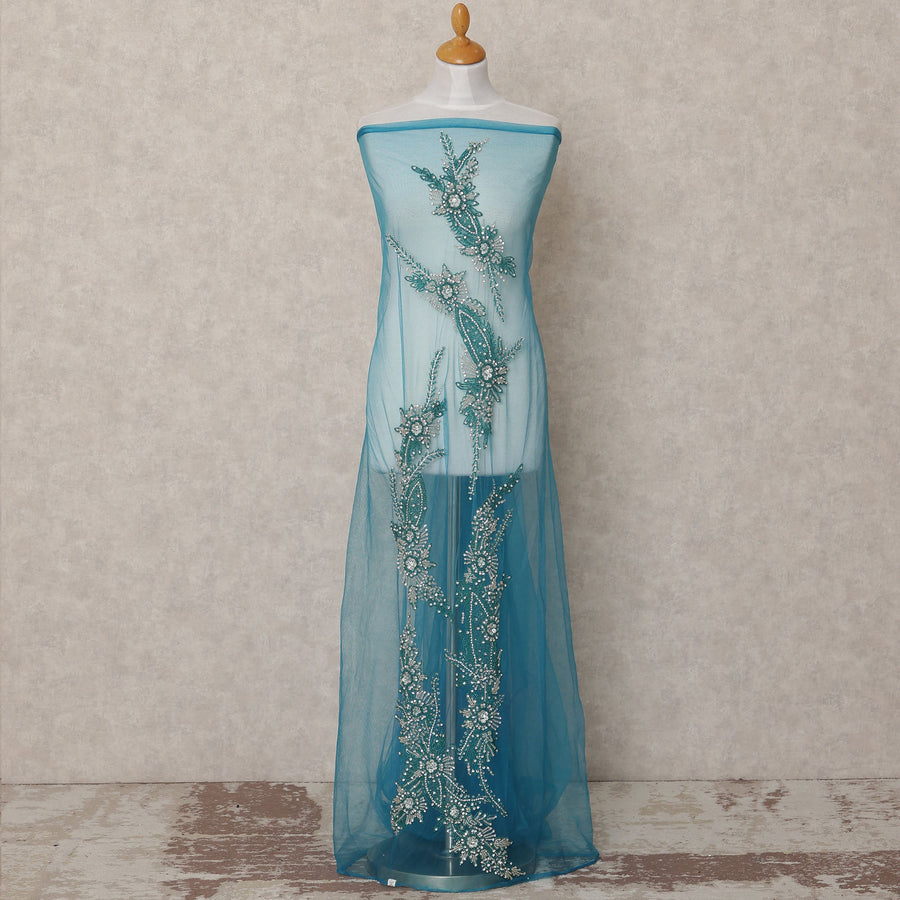 Sky Blue Net Fabric with Teal Floral Beaded Embroidery – 140 cm Width-D23509