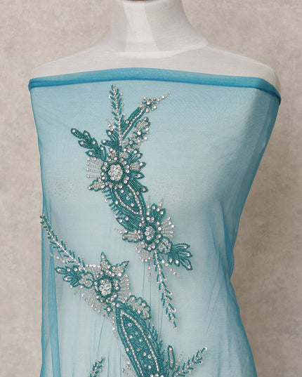 Sky Blue Net Fabric with Teal Floral Beaded Embroidery – 140 cm Width-D23509