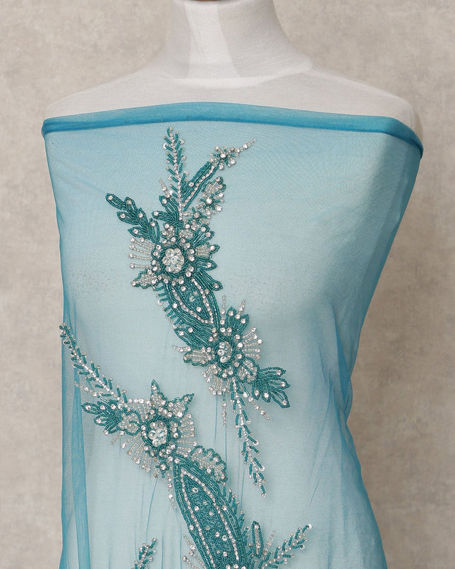 Sky Blue Net Fabric with Teal Floral Beaded Embroidery – 140 cm Width-D23509