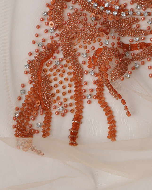 Ivory Net Fabric with Orange and Silver Sequin Embroidery – 140 cm Width-D23510