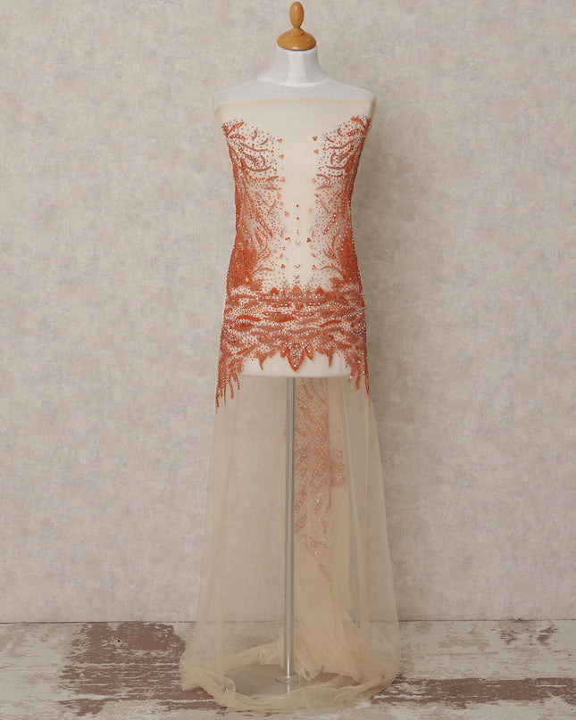 Ivory Net Fabric with Orange and Silver Sequin Embroidery – 140 cm Width-D23510